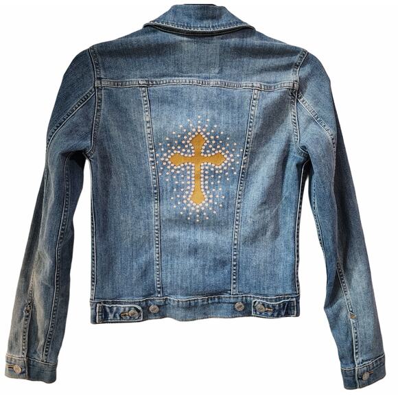Christian Cross Custom Upcycled Jean Jacket, Women's XS - Picture 1 of 5